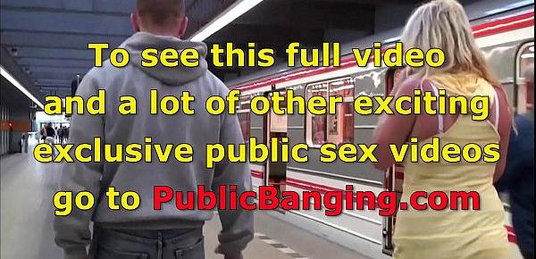  A woman with a huge natural tits in a public sex threesome in a subway train
